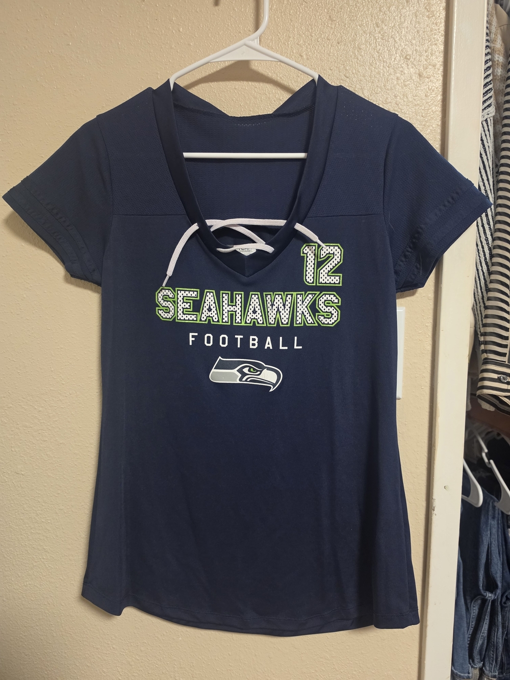 NFL Women's Navy Hoodie with White Drawcords and Neon Green Accents